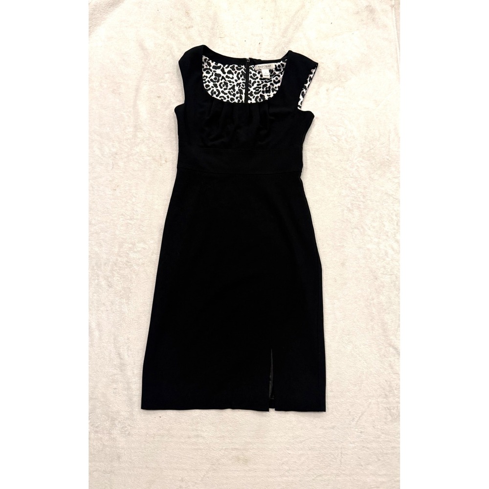 White House Black Market Black Sheath Dress Leopard Satin Lining‎ Size 2 Slit